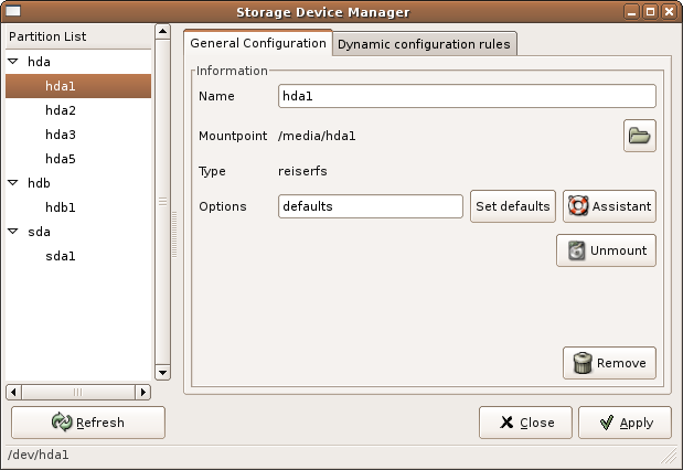 Screenshot of fstab manager tab