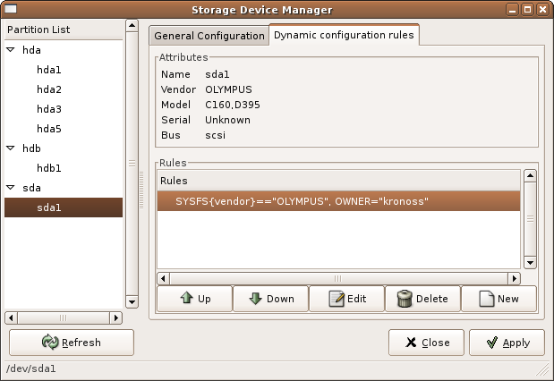 Screenshot of udev manager tab